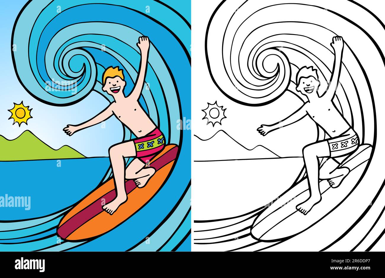 Image de dessin animé de Guy surfant sur une grande vague - à la fois couleur et noir / blanc versions. Illustration de Vecteur