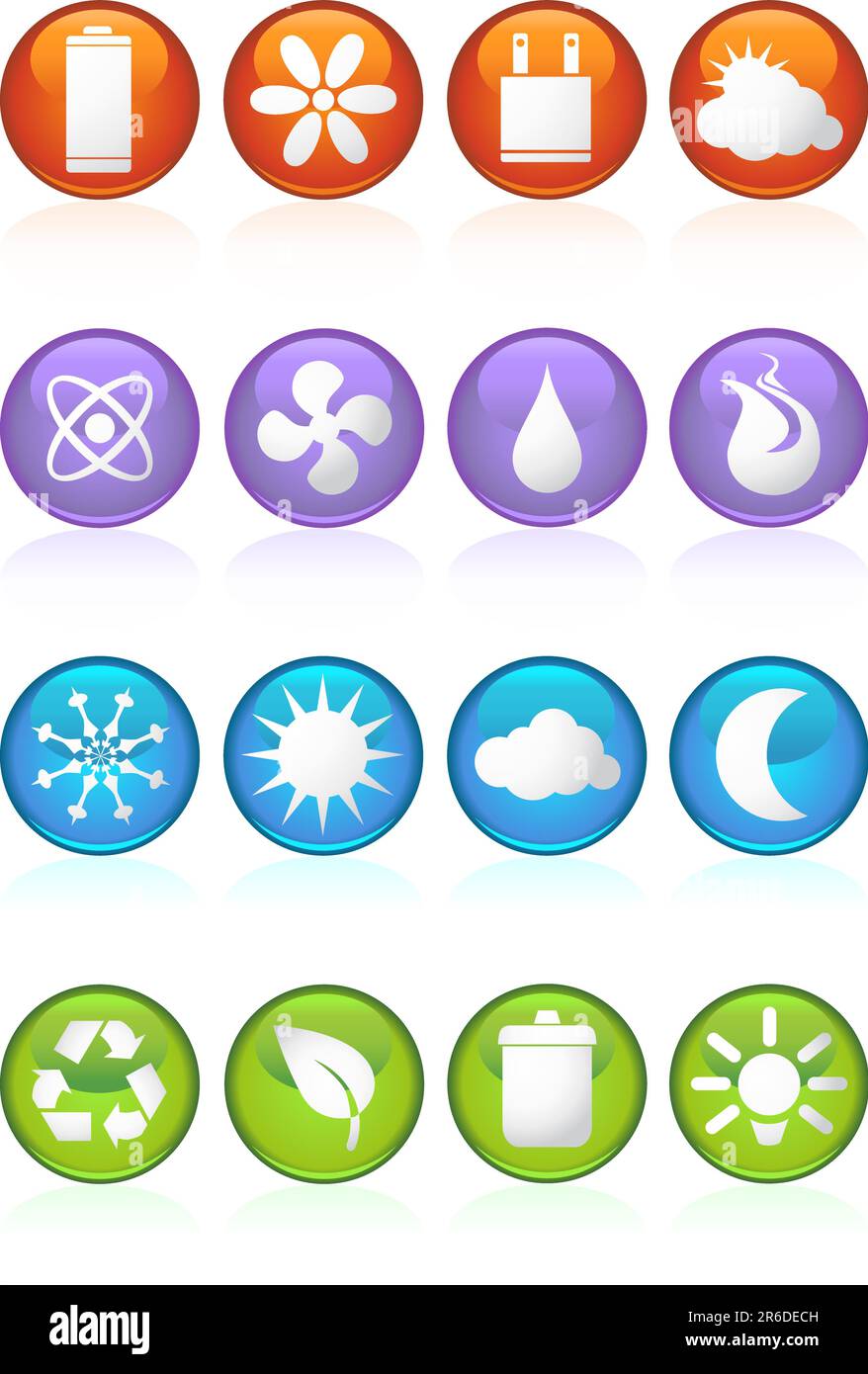 Un jeu de 16 boutons ronds et brillants écologiques. Illustration de Vecteur
