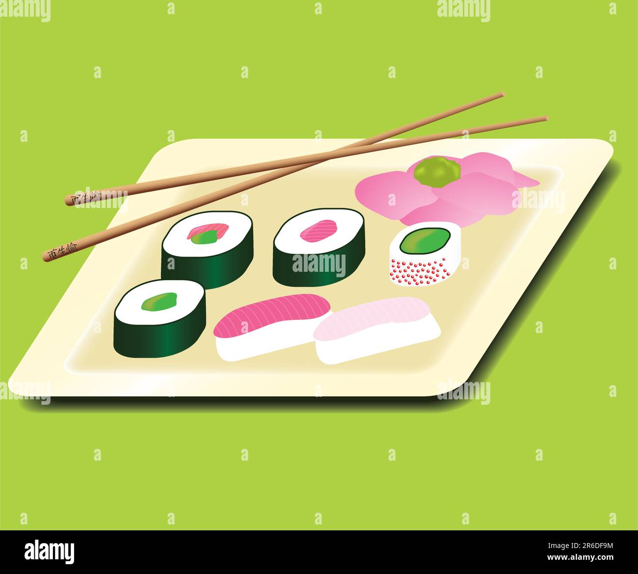 Une variété de sushis sur une assiette avec un bâton de choeur et du gingembre Illustration de Vecteur