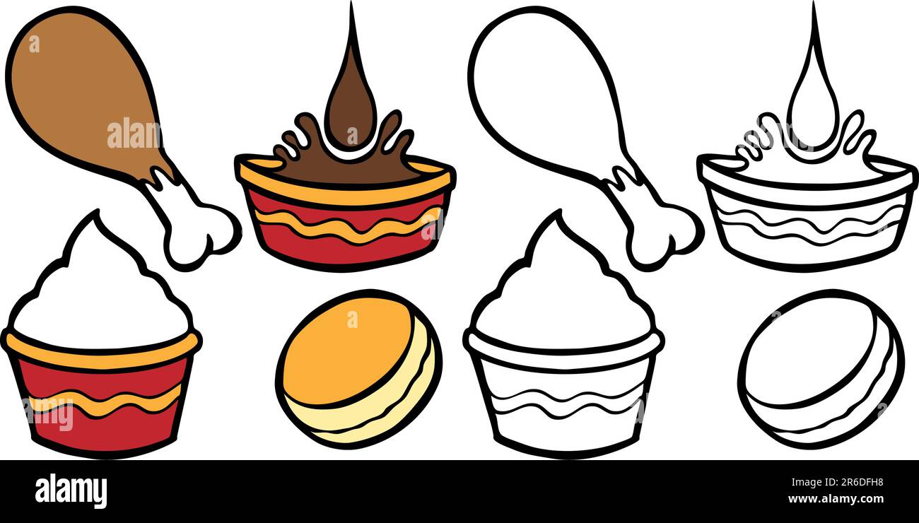Image de dessin animé de la bonne nourriture avec du poulet ou de la dinde, purée de pommes de terre, sauce, et un biscuit - à la fois couleur et noir / blanc versions. Illustration de Vecteur