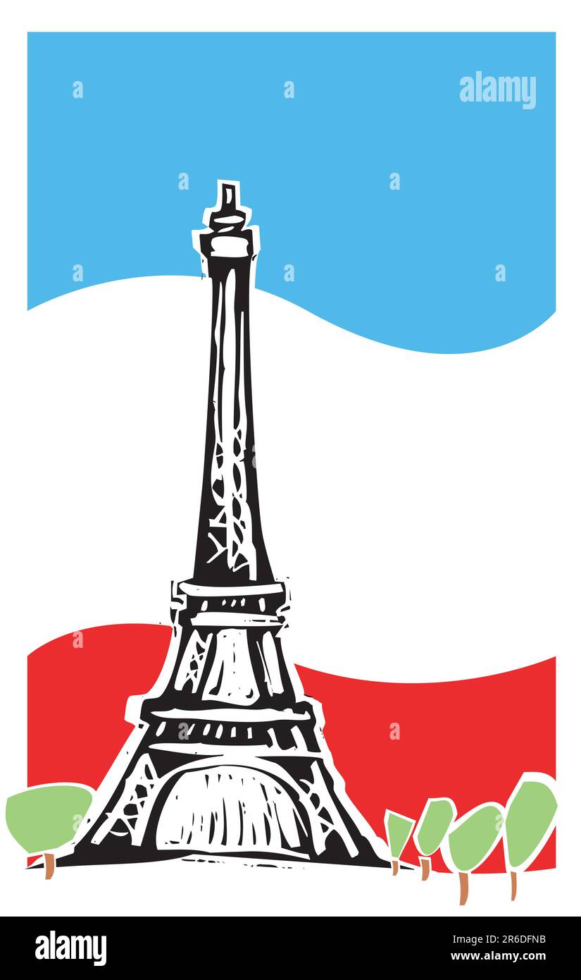 Tour Eiffel in Paris France avec arbres et drapeau français. Illustration de Vecteur
