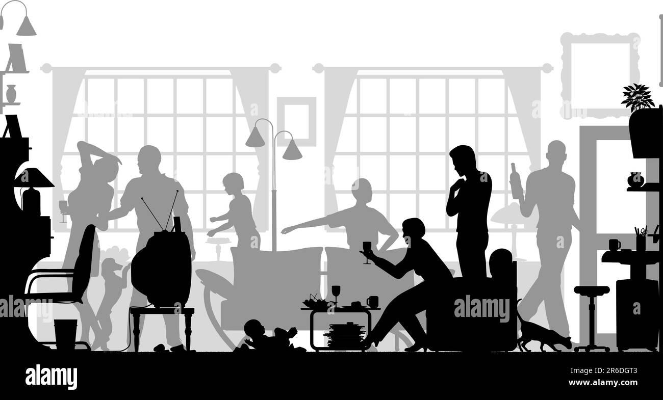 Silhouette d'avant-plan d'une réunion de famille dans un salon avec tous les éléments comme des objets modifiables Illustration de Vecteur