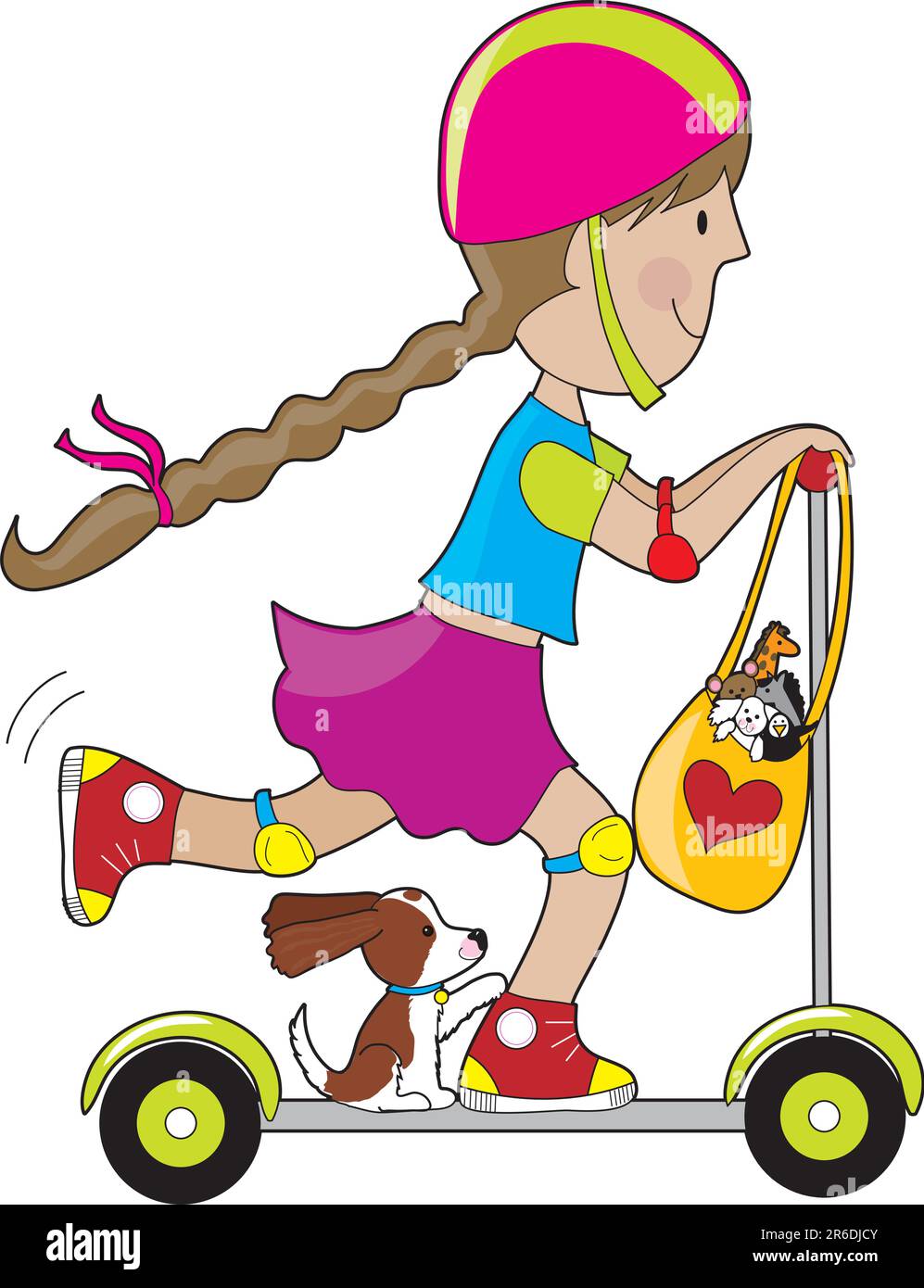 Une petite fille et son chien vont pour un tour sur un scooter. Un sac de jouets en peluche est suspendu au volant. Illustration de Vecteur