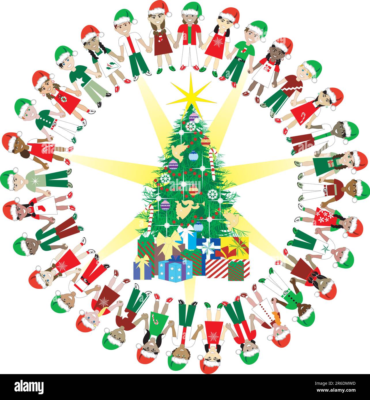 Les enfants adorent le monde de Noël 2. 32 enfants différentes représentant différents pays autour de l'arbre de Noël. Illustration de Vecteur