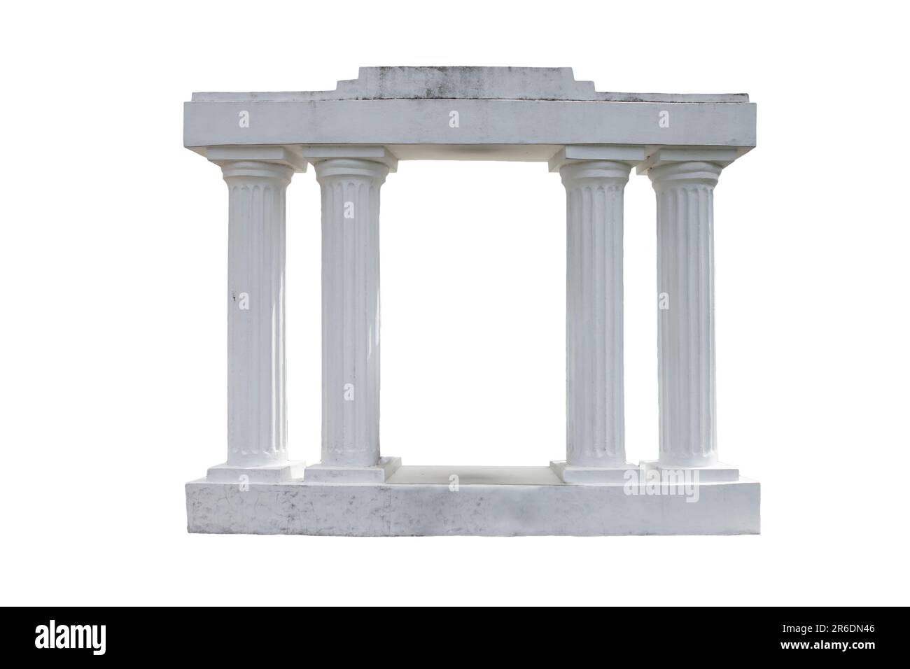 Quatre colonnes avec poutres, isolées sur fond blanc, cadre ancien abstrait Banque D'Images