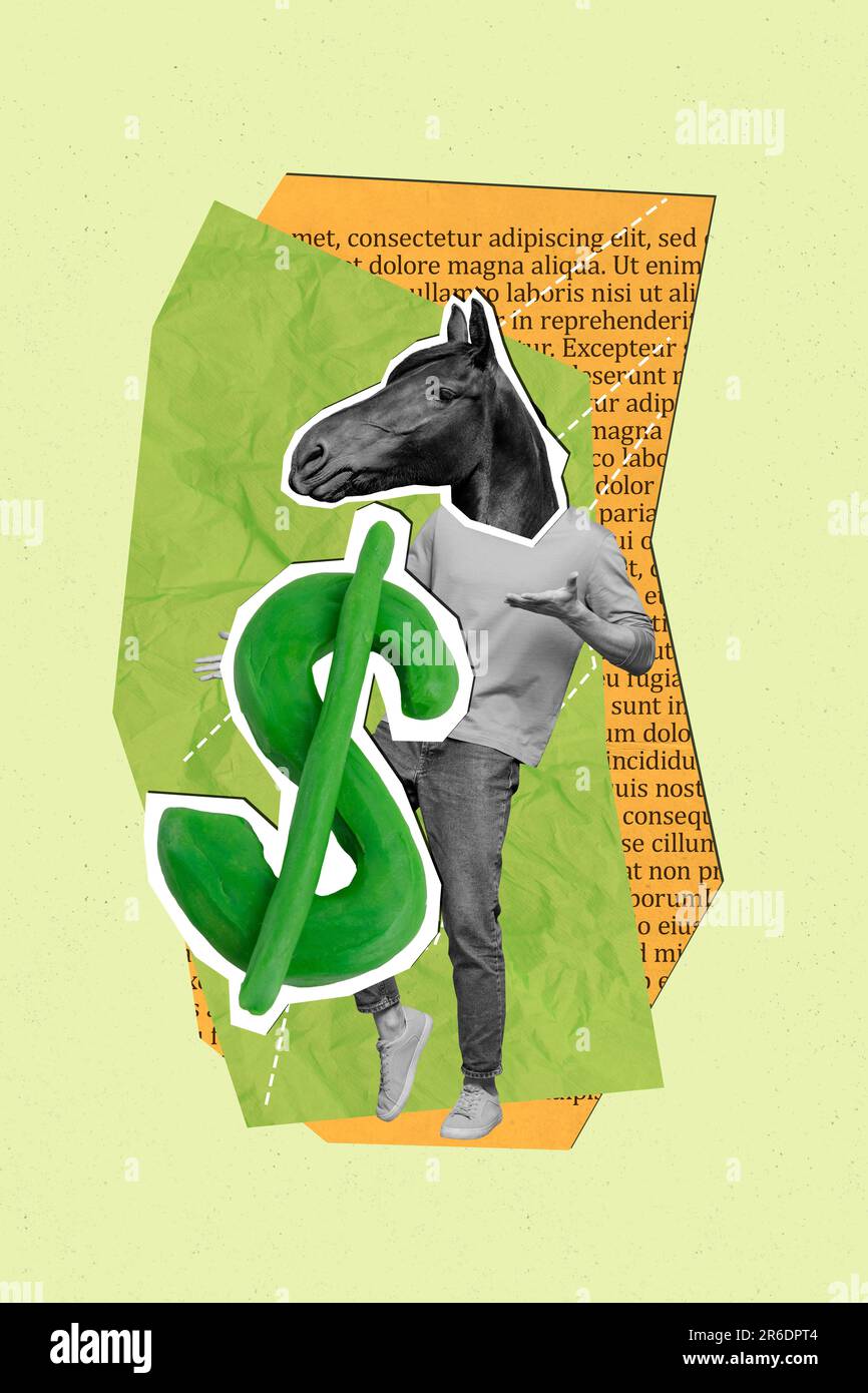 Collage vertical de noir blanc couleurs Guy cheval entendre grand dollar argent symbole morceau livre page texte isolé sur fond vert Banque D'Images