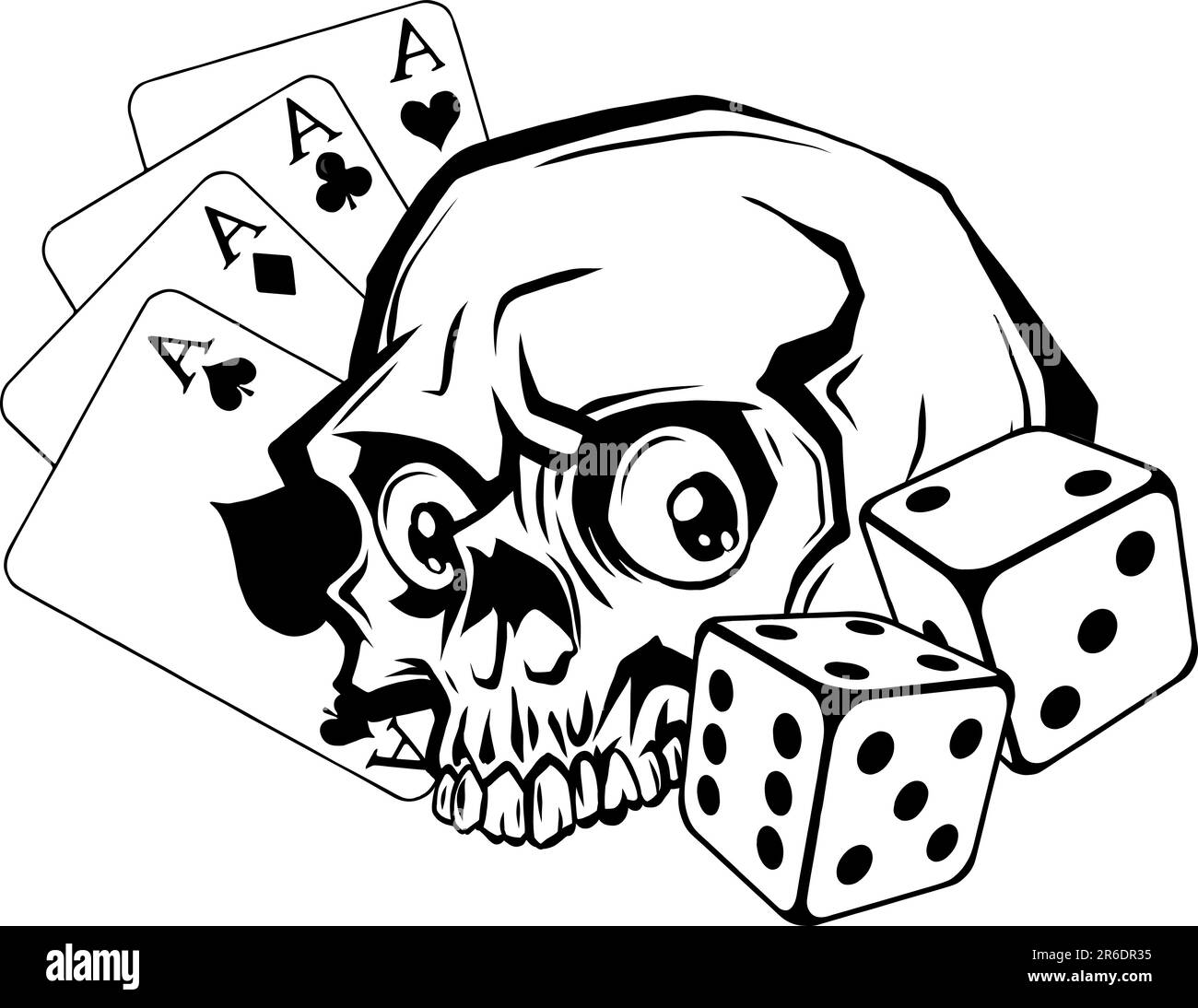 Cartes de poker monochromes avec illustration du vecteur crâne et dés Illustration de Vecteur