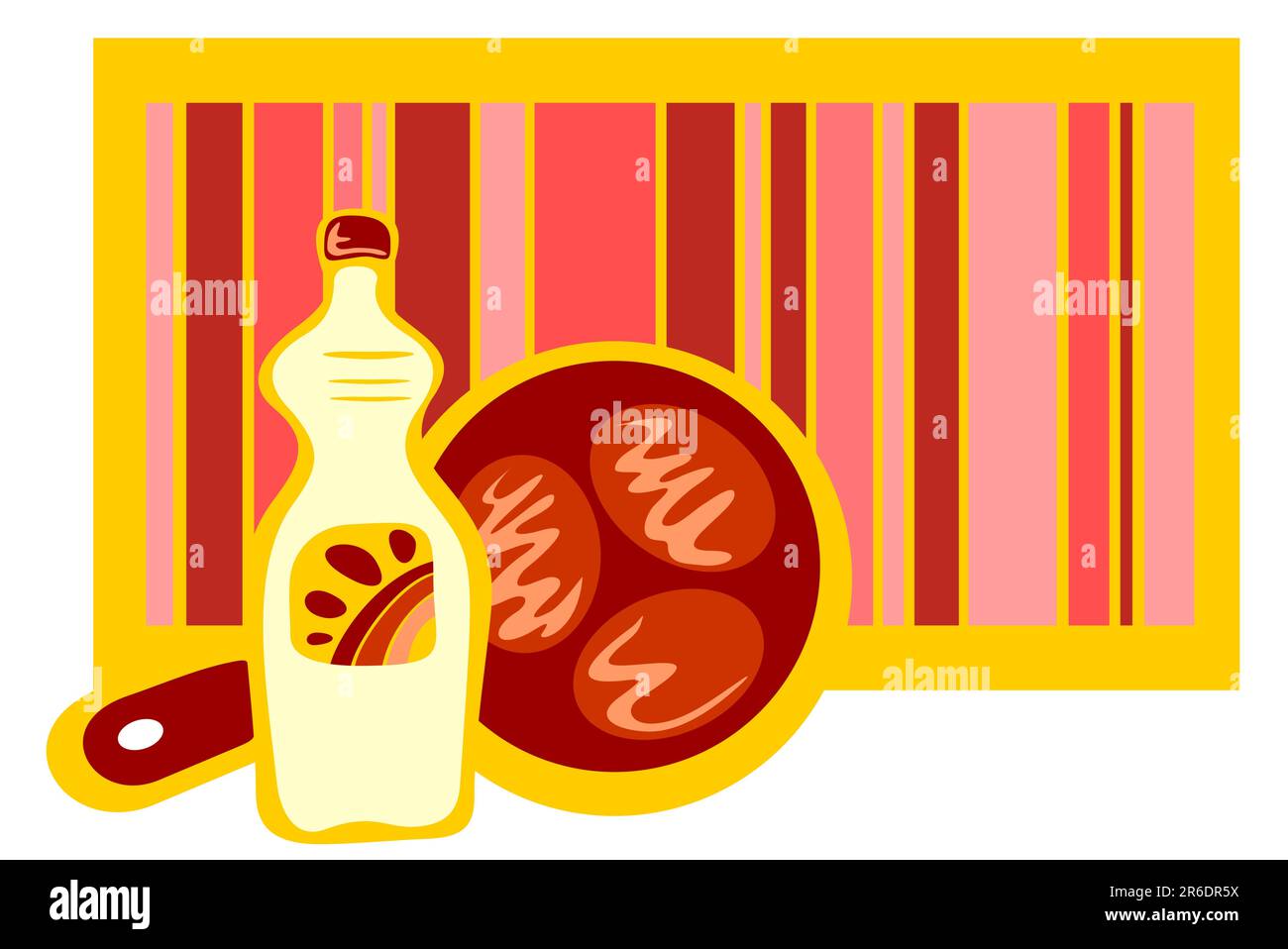 Bouteille d'huile végétale et poêle avec côtelettes sur fond rayé. Illustration de Vecteur