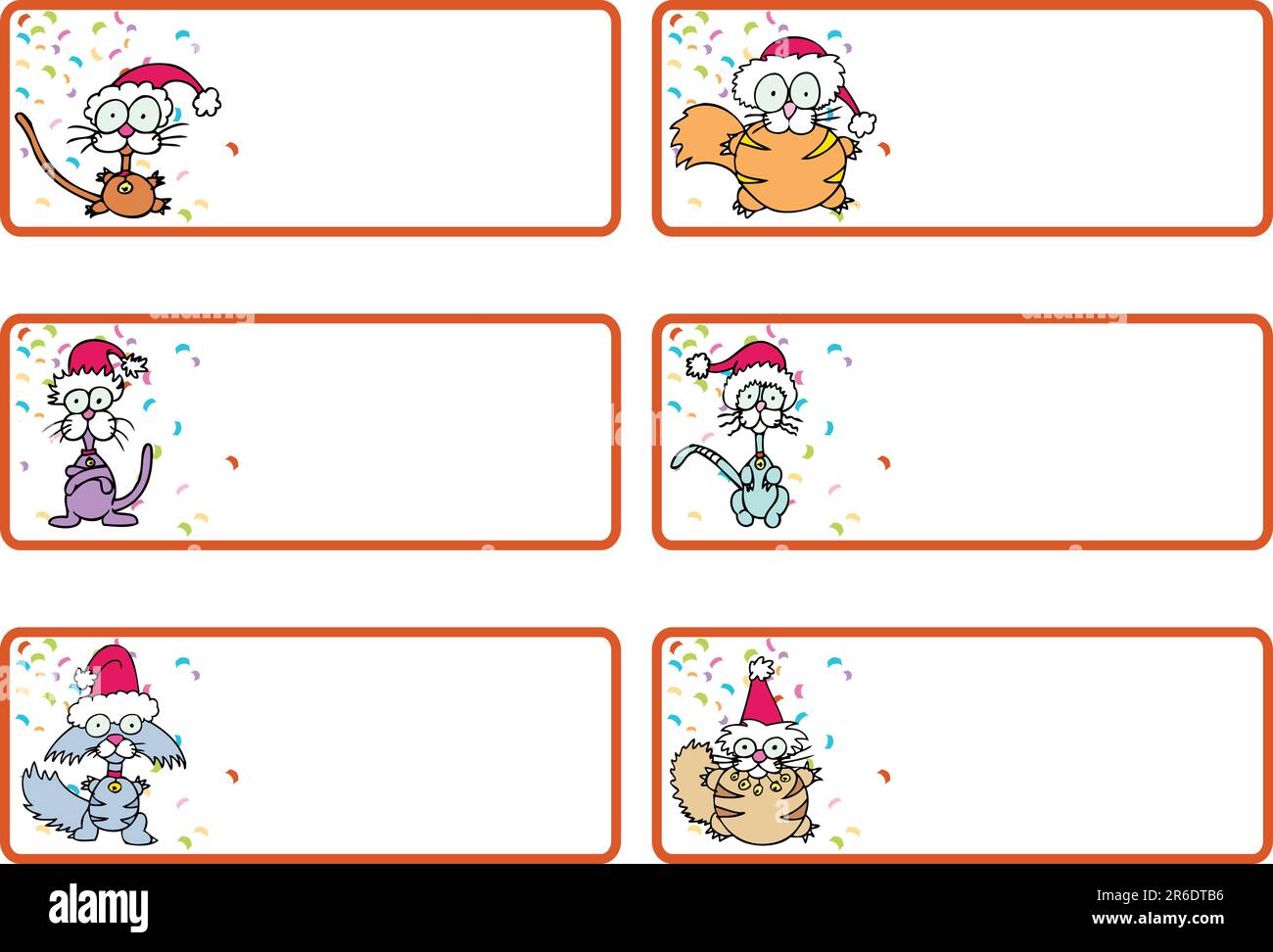 Ensemble de six étiquettes cadeau de Noël avec des chats portant des chapeaux de père noël et un fond confetti. Illustration de Vecteur