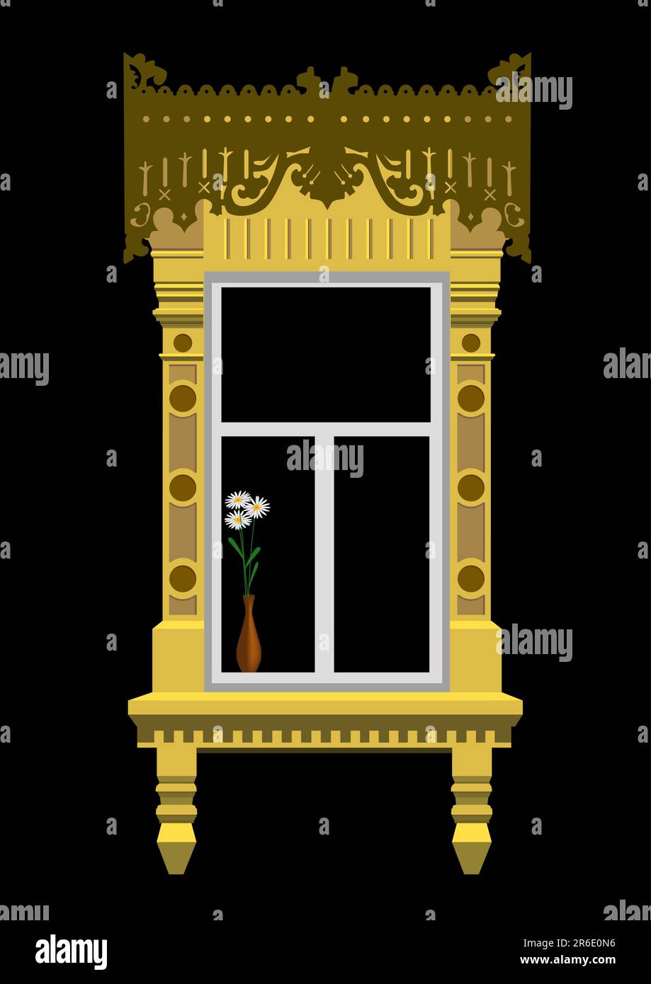 Fenêtre sculptée dans le bois et bouquet de Leucanthemum en vaze. Illustration vectorielle. Format : Illustrator 8 eps Illustration de Vecteur