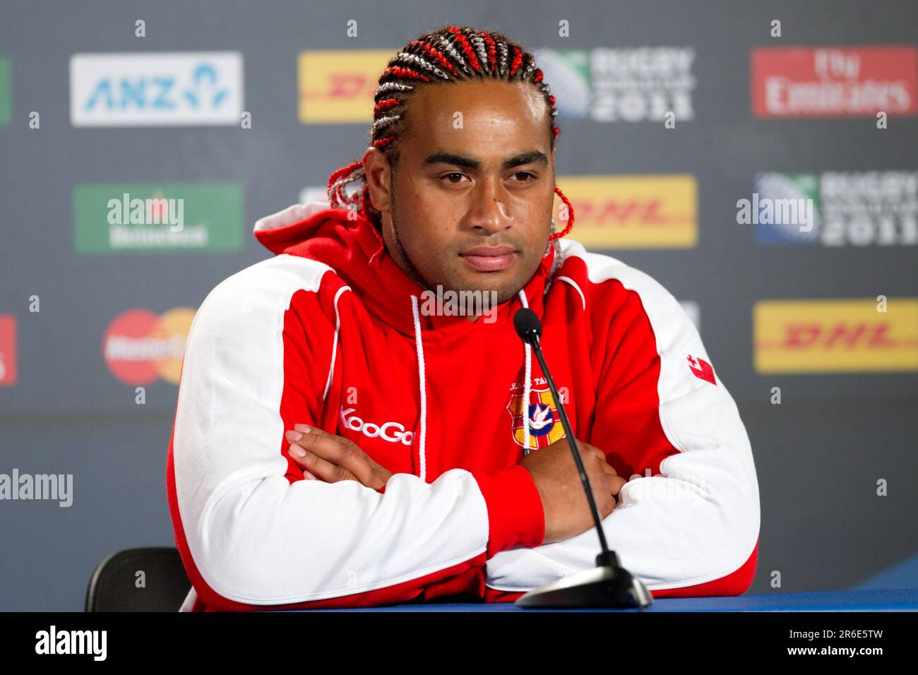 Taniela Moa lors d'une conférence de presse après la course du capitaine de l'équipe de rugby de Tonga avant le match d'ouverture contre la Nouvelle-Zélande, Eden Park, Auckland, Nouvelle-Zélande, jeudi, 08 septembre 2011. Banque D'Images