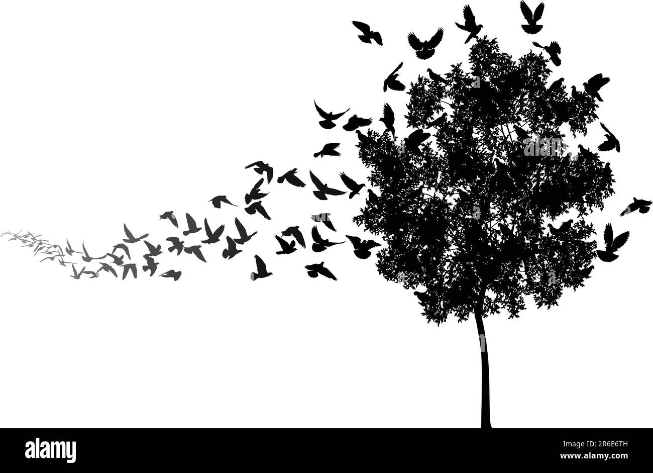 Silhouettes vecteur d'un pigeon de vol troupeau à un arbre roost Illustration de Vecteur