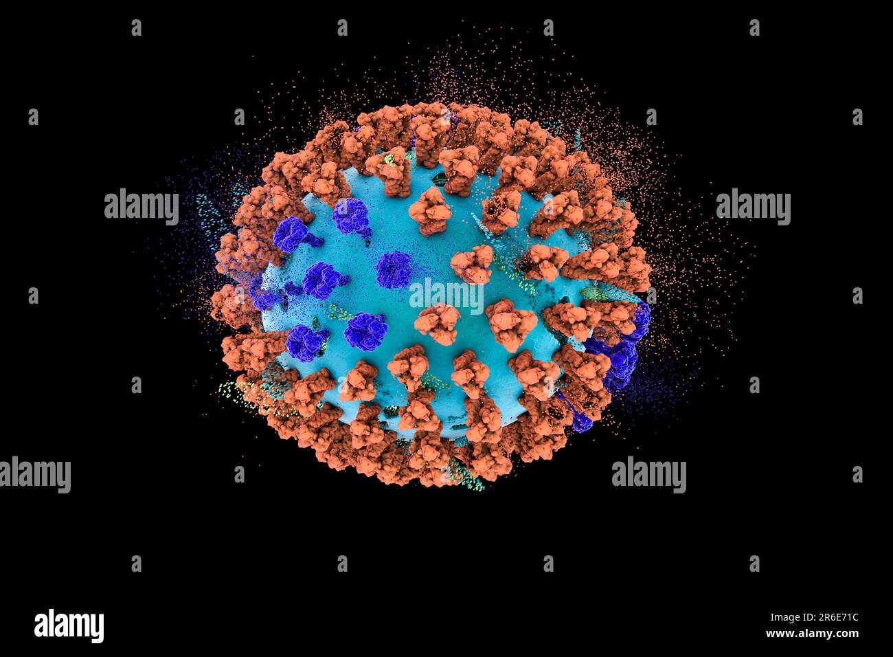 Destruction du virus de la grippe aviaire. 3D illustration d'une particule du virus de l'influenza aviaire H5N8. Image conceptuelle pour le traitement et la prévention de la grippe. THI Banque D'Images