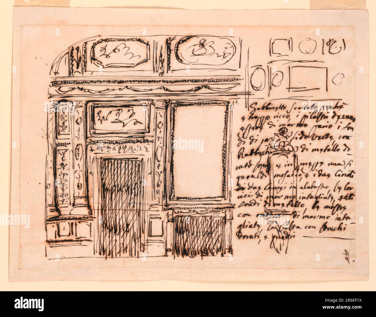 Rectangle horizontal. L'inscription ci-dessous est écrite à droite, en dessous de ce qui est évidemment un croquis de la décoration du plafond, et sur un croquis de ce qui semble être le cadre d'une niche, avec une figure sur le dessus. À gauche se trouve l'élévation. Une mantelpièce avec un verre de regard est séparée par un pilaster, dont la décoration est décrite dans la légende, d'une porte, au-dessus de laquelle est une représentation rectangulaire. De l'autre côté de la porte se trouvent deux pilastres séparés par deux panneaux courts, l'un au-dessus de l'autre. L'entablature a une frise avec des festoons. Au-dessus de la partie inférieure voûtée du plafond wi Banque D'Images
