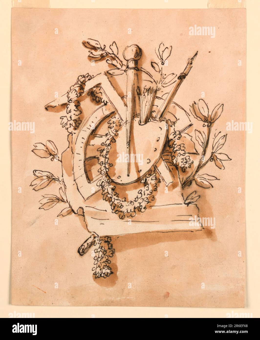Une palette avec des pinceaux dans la soute, une boussole, un carré, un stylo à dessin, un rapporteur, et une guirlande devant une strone (?) et une branche. Arrière-plan coloré. Date: 1780-1800. Stylo et encre brune, pinceau et lavage brun sur papier blanc cassé. Musée : Cooper Hewitt, Smithsonian Design Museum. Banque D'Images