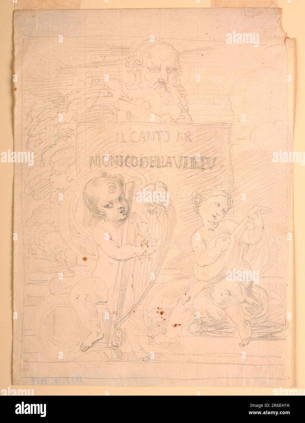 Deux petites filles s'assoient à la base d'un monument et chantent, l'une jouant la harpe, l'autre la guitare. Ce dernier repose sur un coussin. Une figure - la tête barbu et le corps en forme de buste d'un herma - se dresse au centre, au-dessus, sur un haut piédestal, portant l'inscription: 'IL CANTO AR / MONICO DELLA VIRTV.' Ligne de cadrage. Date: 1820-1850. Graphite, lignes impressionnées sur le papier. Musée : Cooper Hewitt, Smithsonian Design Museum. Banque D'Images