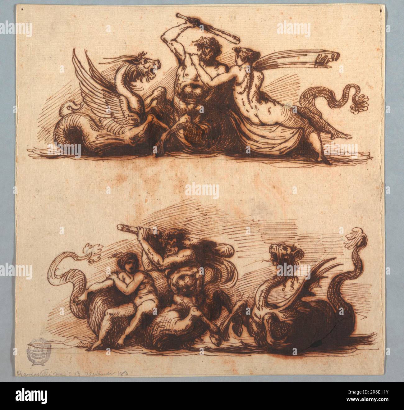 Le jumeau ichtyocentaures Bythos et Aphros, de la mythologie grecque. Date : env. 1800. Stylo et encre brune, pinceau et lavage brun sur papier crème. Musée : Cooper Hewitt, Smithsonian Design Museum. Banque D'Images