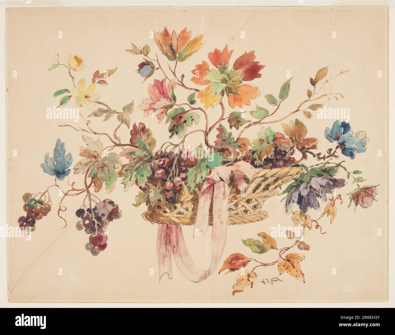 Dessin pour broderie ou tapisserie par Alphonse Marie de Neuville (1836-1885). Panier avec fleur et vigne. Sans support ni arrière-plan. Une navette en ruban est suspendue au panier. Date: 1875-80. Stylo, encre, aquarelle et gouache sur papier. Musée : Cooper Hewitt, Smithsonian Design Museum. Banque D'Images