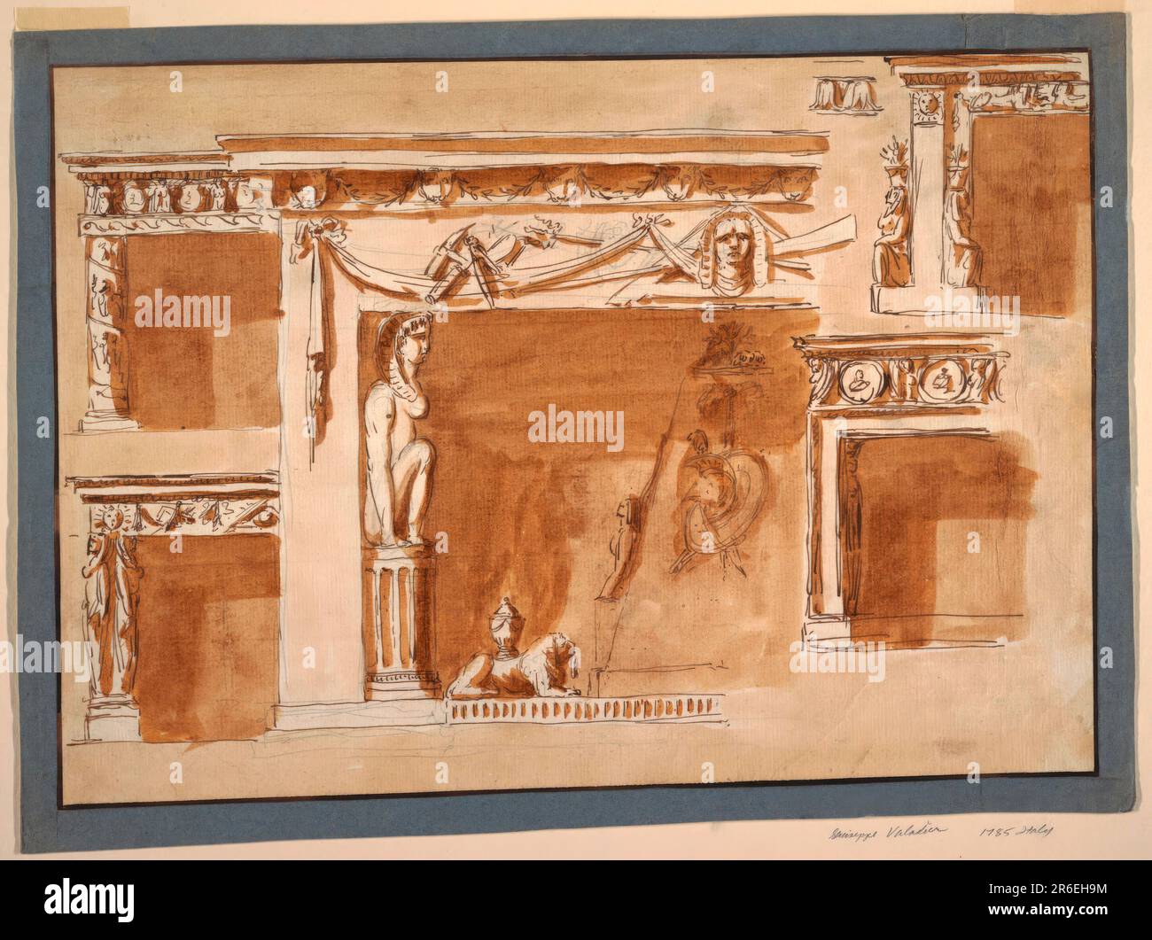 Les moitiés de gauche sont illustrées. Ligne de gauche : une entablature est soutenue par une colonne avec une frise et des représentations autour d'elle; elle est sans capitale. Ci-dessous: L'entablature est soutenue par deux caryatides debout sur des bases. Centre : l'ouverture est encadrée par des rayures. La partie supérieure est décorée de festons de rideaux. Devant, à gauche, un trophée d'outils de charpentier, au centre une tête égyptienne, derrière laquelle se croisent une place de charpentier, un oar et un trident. À l'intérieur de l'ouverture, une égyptienne est assise sur une colonne cannelée, devant le mur gauche, en profil. Ci-dessous est un dado avec un crouching l Banque D'Images