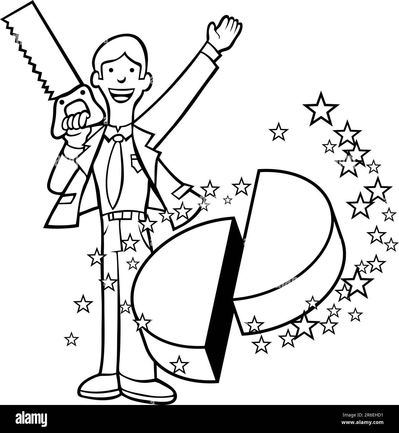 Businessman effectue un tour de magie, la coupe d'un graphique en secteurs de la moitié. Illustration de Vecteur