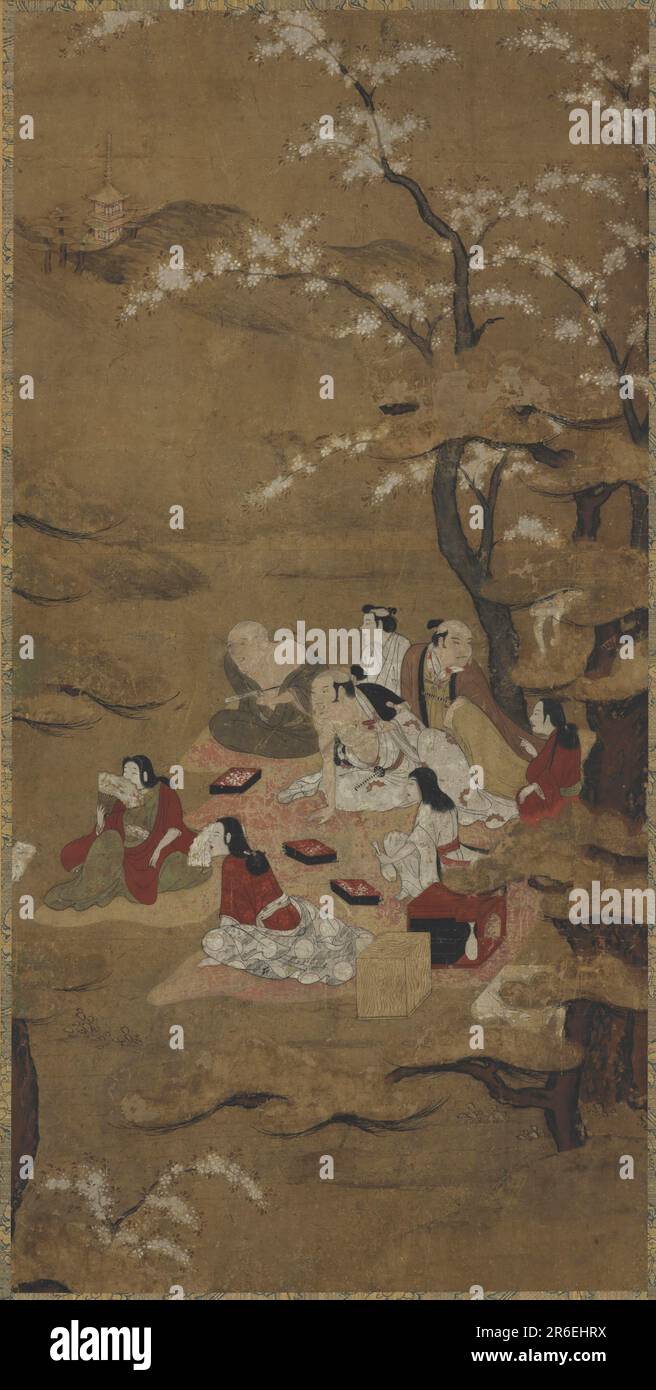 Un pique-nique : huit personnes assises sous des arbres en fleurs. Date : début du 17th siècle. Origine: Japon. Période : période Edo. Couleur et encre sur papier. Musée: Freer Gallery of Art et Arthur M. Sackler Gallery. Banque D'Images