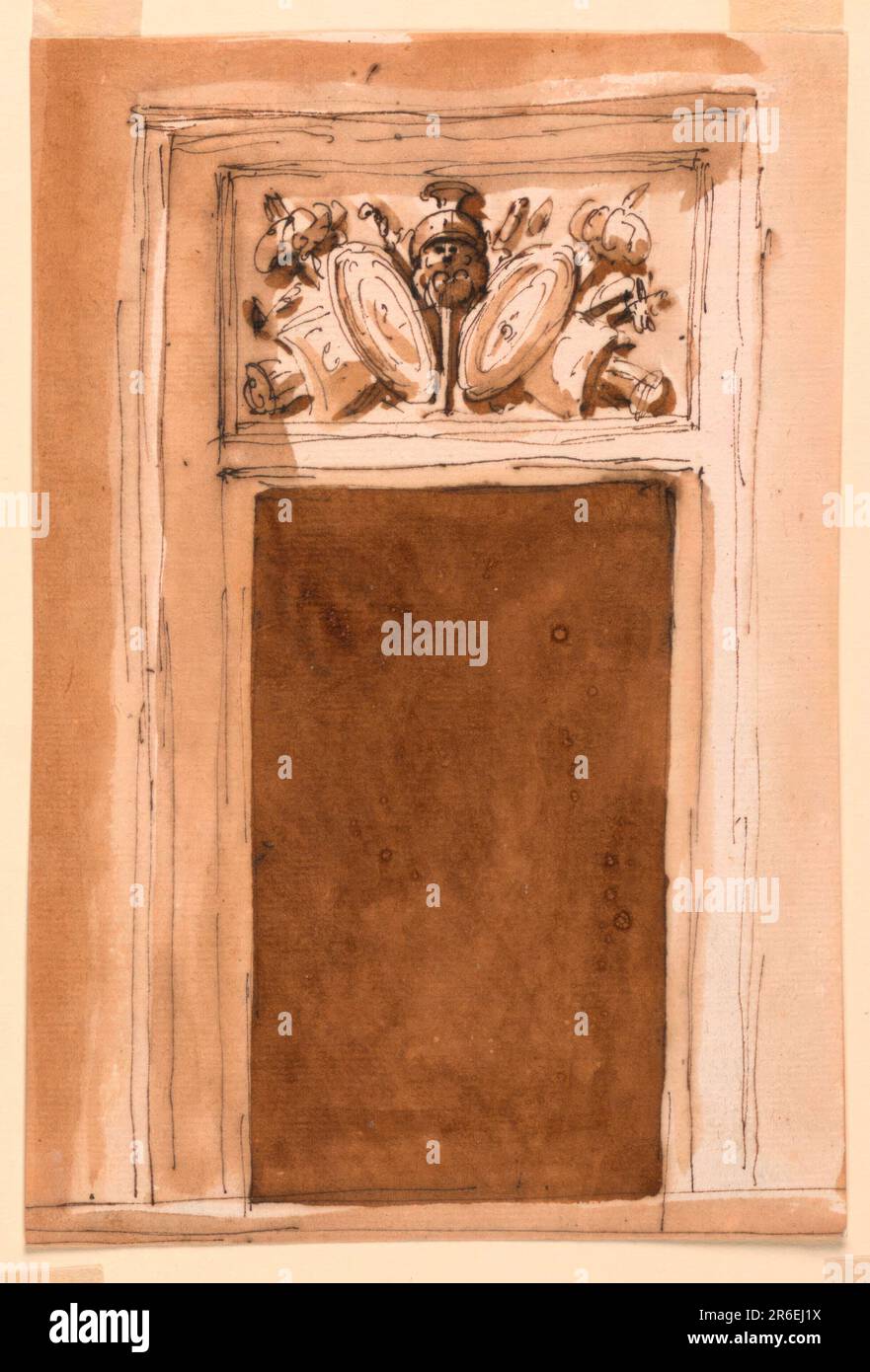 La porte est clairement encadrée. La porte est un panneau avec la représentation d'un trophée d'armes. La porte se compose d'un cadre incurvé moulé. Arrière-plan habituel. Stylo et encre brune, pinceau et lavage brun sur papier blanc cassé, doublé. Date: 1746-1809. Musée : Cooper Hewitt, Smithsonian Design Museum. Banque D'Images