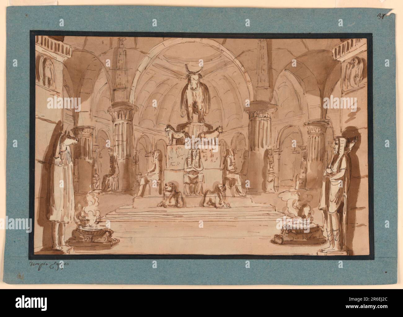 Rectangle horizontal: Intérieur du temple égyptien montrant des statues d'animaux saints, etc., avec autel central avec taureau 'APIS'. Stylo et encre brune, pinceau et lavage brun, graphite sur papier blanc cassé doublé. Date : env. 1796-1801. Musée : Cooper Hewitt, Smithsonian Design Museum. Banque D'Images
