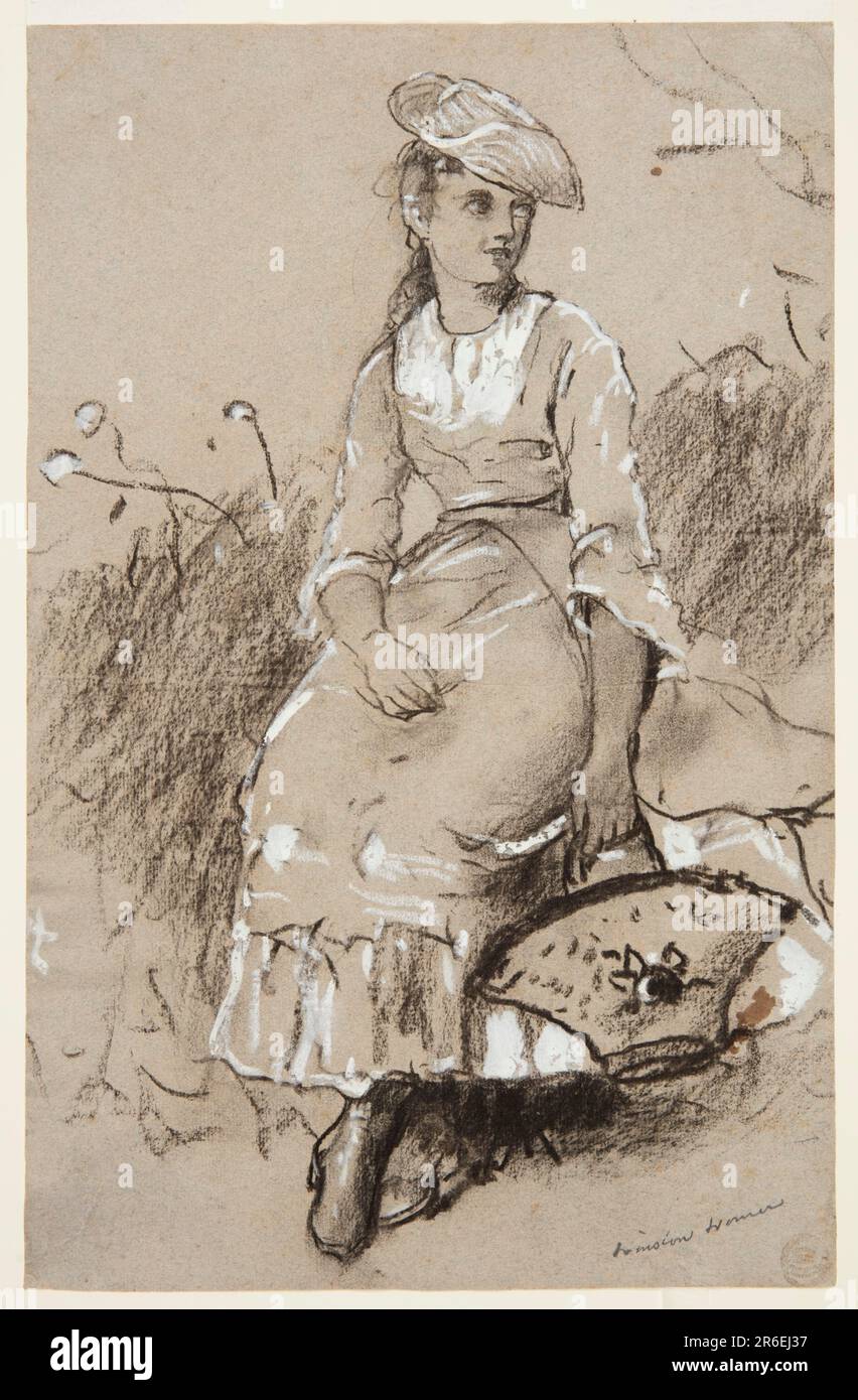 Vue verticale complète d'une jeune fille assise, avec sa tête tournée vers la droite, et tenant un panier avec sa main gauche. Date: 1880. Craie noire et blanche, brosse et gouache blanche sur papier gris. Musée : Cooper Hewitt, Smithsonian Design Museum. Banque D'Images