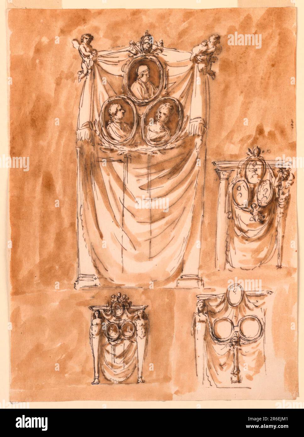 Rangée supérieure : deux anges volants portent un rideau. En face de sa partie supérieure se trouve le portrait du Pape Pie et en dessous de lui ceux probablement de Ferdinand I et de la Reine Maria Carolina (N.B. cette référence a été barrée par PDM). Deux branches croisées sont en dessous de la seconde. Une colonne de support est approximativement indiquée. À droite à plus petite échelle. Une entablature est soutenue par une colonne à gauche, une gaine à droite. Un rideau est dans l'intercolumniation avec trois portraits disposés de la même manière qu'à gauche. Un ange volant soutient les cadres du couple. Ligne inférieure, à gauche : une conception similaire à la dernière décrite, sh Banque D'Images