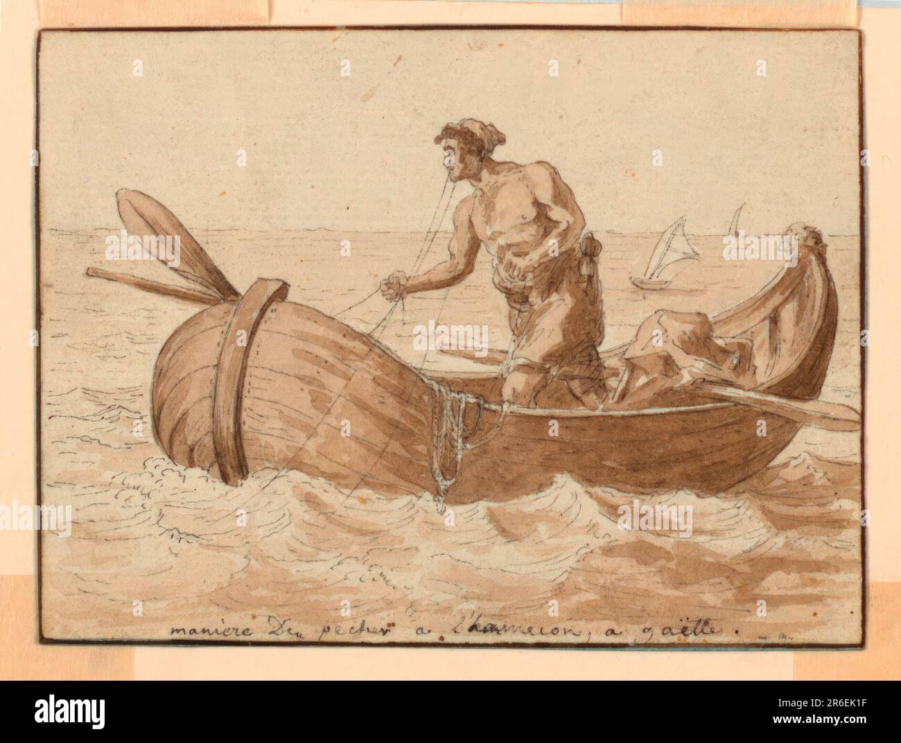 Un homme se tient dans un bateau d'aviron tenant des cordes avec les mains et la bouche. Les voiliers sont affichés en arrière-plan. Légende : 'Manteau de pêche a l'hameçon, a Gaëtte.'. Date: 1800-1825. Stylo et encre chinoise, pinceau et aquarelle marron sur papier, monté. Musée : Cooper Hewitt, Smithsonian Design Museum. Banque D'Images