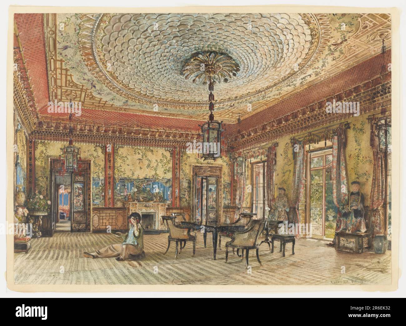 Ce salon expose une foule de motifs chinois/japonais. Les murs sont suspendus avec des panneaux de papier peint décorés de feuilles, d'oiseaux et de grandes figures de céramique. Une lanterne, suspendue à un couvert de palmette centré dans le plafond, est conçue selon un grand motif circulaire à l'échelle des poissons. Le mobilier noir en rotin et en rotin est typique de l'époque victorienne. Le revêtement de sol semble simuler le tatami maté. Deux grandes statues en costume flanquent des portes françaises sur la droite. Une figure mystérieuse assise au premier plan gauche tient un masque sur son visage avec une main; un objet non identifié, peut-être aussi un Banque D'Images