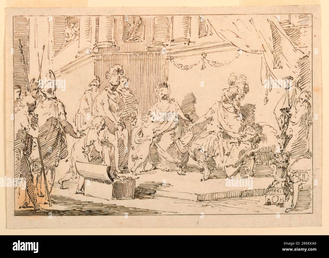 Homme et femme assis sur une plate-forme légèrement surélevée en hommage. Des soldats d'assistance à gauche, une poitrine ouverte devant eux. Ligne de bordure réglée. Date : env. 1775. Stylo et encre brune sur papier couté. Musée : Cooper Hewitt, Smithsonian Design Museum. Banque D'Images