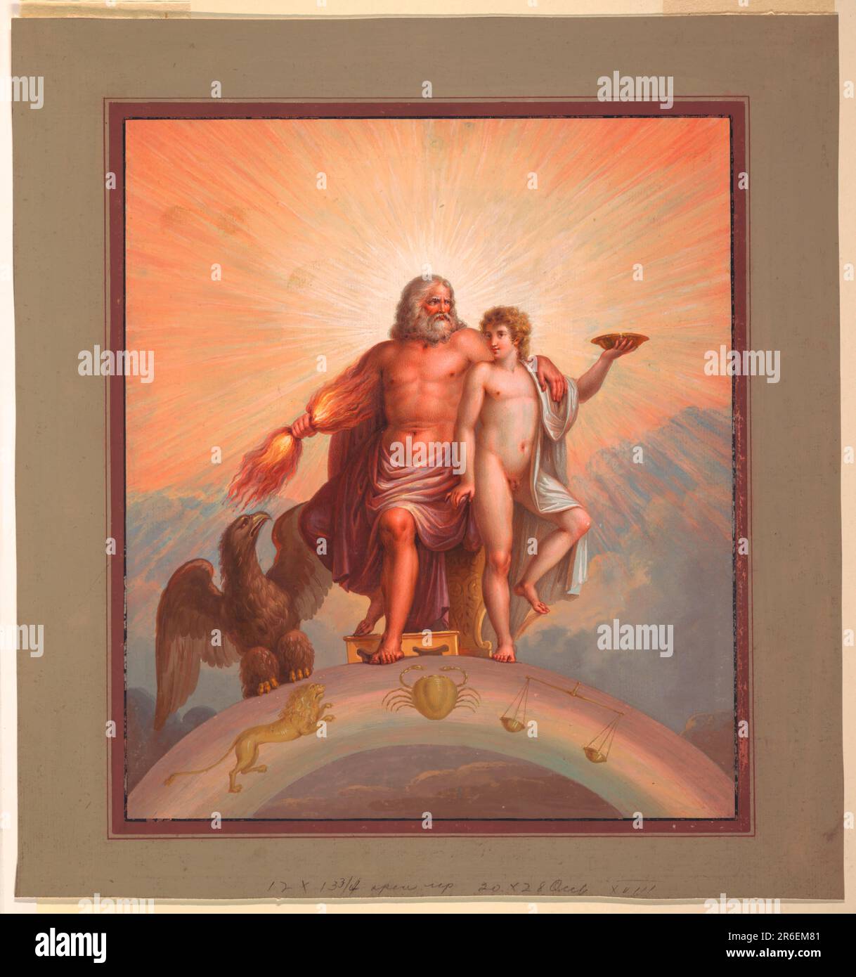 Zeus, assis sur un trône, tient le feu dans sa main droite, tandis que sa main gauche repose sur l'épaule du jeune Ganymede, qui tient un salver dans sa main gauche. À côté de Zeus se trouve un aigle, et en dessous, dans une boîte de pluie, les signes zodiaques d'un lion, d'un crabe et d'écailles. Peut-être après des décorations pour les appartements du Cardinal Bibbiena dans le Vatican. Date : env. 1802. Brossez et tempera sur du papier épais. Musée : Cooper Hewitt, Smithsonian Design Museum. Banque D'Images