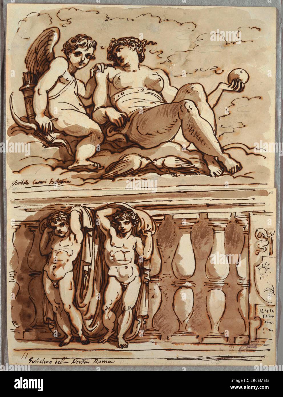 Dessin supérieur de Vénus assise sur les nuages, tenant la pomme(?) Dans la main gauche; à gauche, Cupid avec son arc et son carquois de flèches. Dessin inférieur de deux putti à gauche, posé comme des caryatides, tenant des draperies. Le fond montre balustrade avec suggestion de blason à droite. Date: 1821-22. Stylo et encre, pinceau et brun laver sur de la craie noire sur du papier blanc épais. Musée : Cooper Hewitt, Smithsonian Design Museum. Banque D'Images