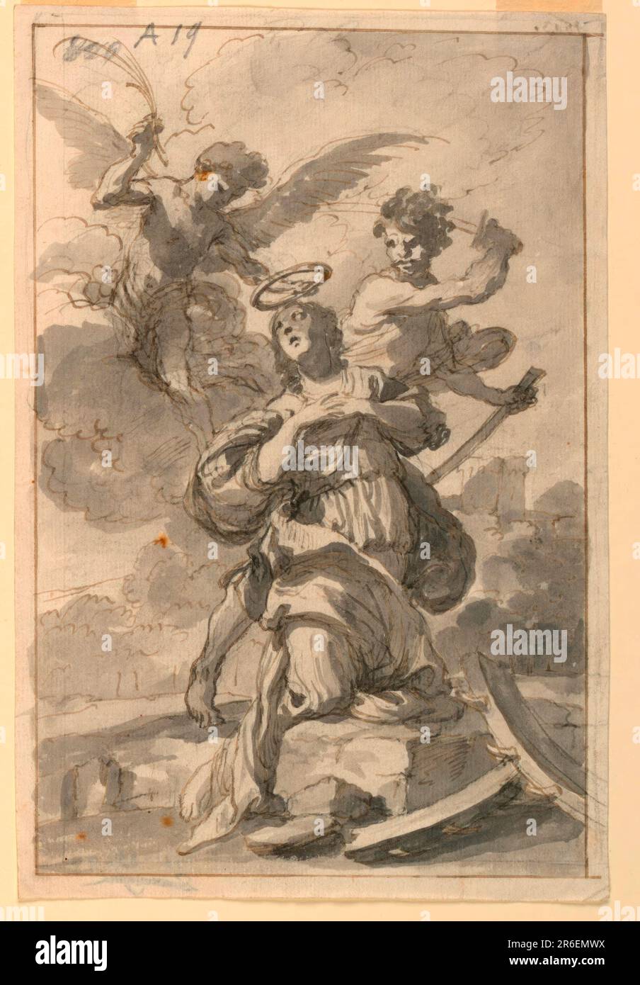 Le saint est montré de face, agenouillé. Le henchman se tient derrière elle à droite, brandissant ses épées. À gauche, un ange vole, tenant sa main droite une branche de palmier et couronnant le saint avec un diadem. Des morceaux de la roue sont à droite. Lignes de cadrage. Date: 1803. Craie noire, stylo et encre, brosse et lavage gris sur papier. Musée : Cooper Hewitt, Smithsonian Design Museum. Banque D'Images