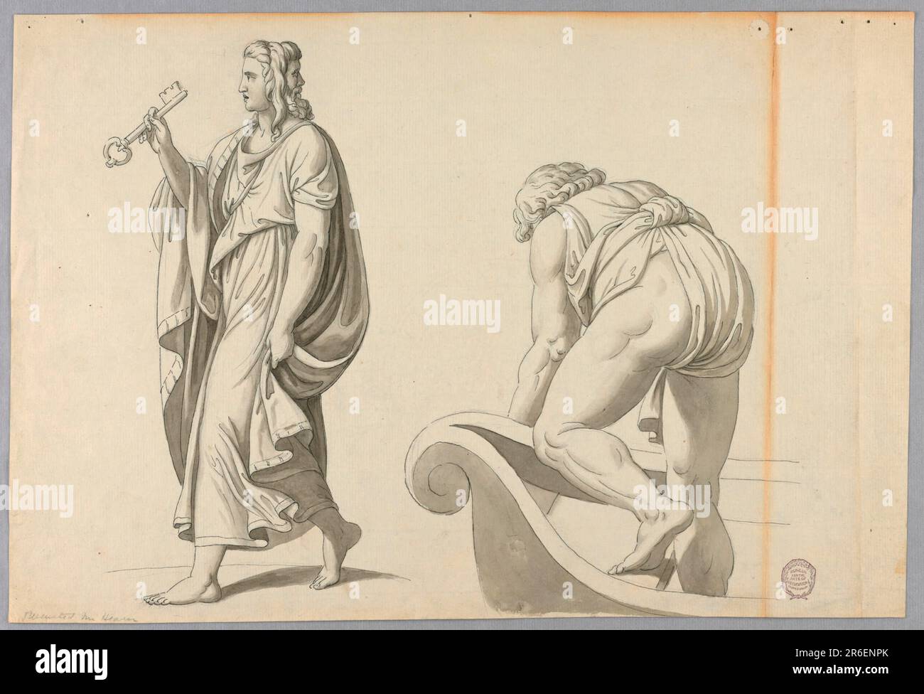 Dessin d'une fresque conçue par Giulio Romano dans le Palazzo del te à Manuta. Un homme dans la prow d'un bateau. Une femme est montrée à gauche, marchant vers la gauche. Elle a deux têtes, le dos barbu, et soulève une clé avec sa main droite. À droite se trouve l'homme, montré de l'arrière. Date : env. 1781. Crayon de plomb, stylo et encre foncée, pinceau et aquarelles noires et grises sur papier. Musée : Cooper Hewitt, Smithsonian Design Museum. Banque D'Images