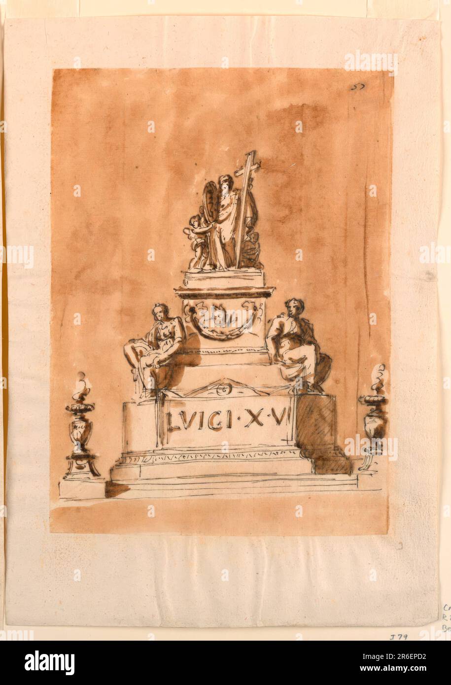 Une variation de 1938-88-1297. L'inscription est à l'avant du sarcophage. Un onglet et quelque chose d'autre est au-dessus de la festion au piédestal. La figure centrale du groupe est l'homme perlé. Date: 1793. Stylo et encre brune, pinceau et lavage brun sur papier laté blanc cassé doublé. Musée : Cooper Hewitt, Smithsonian Design Museum. Banque D'Images