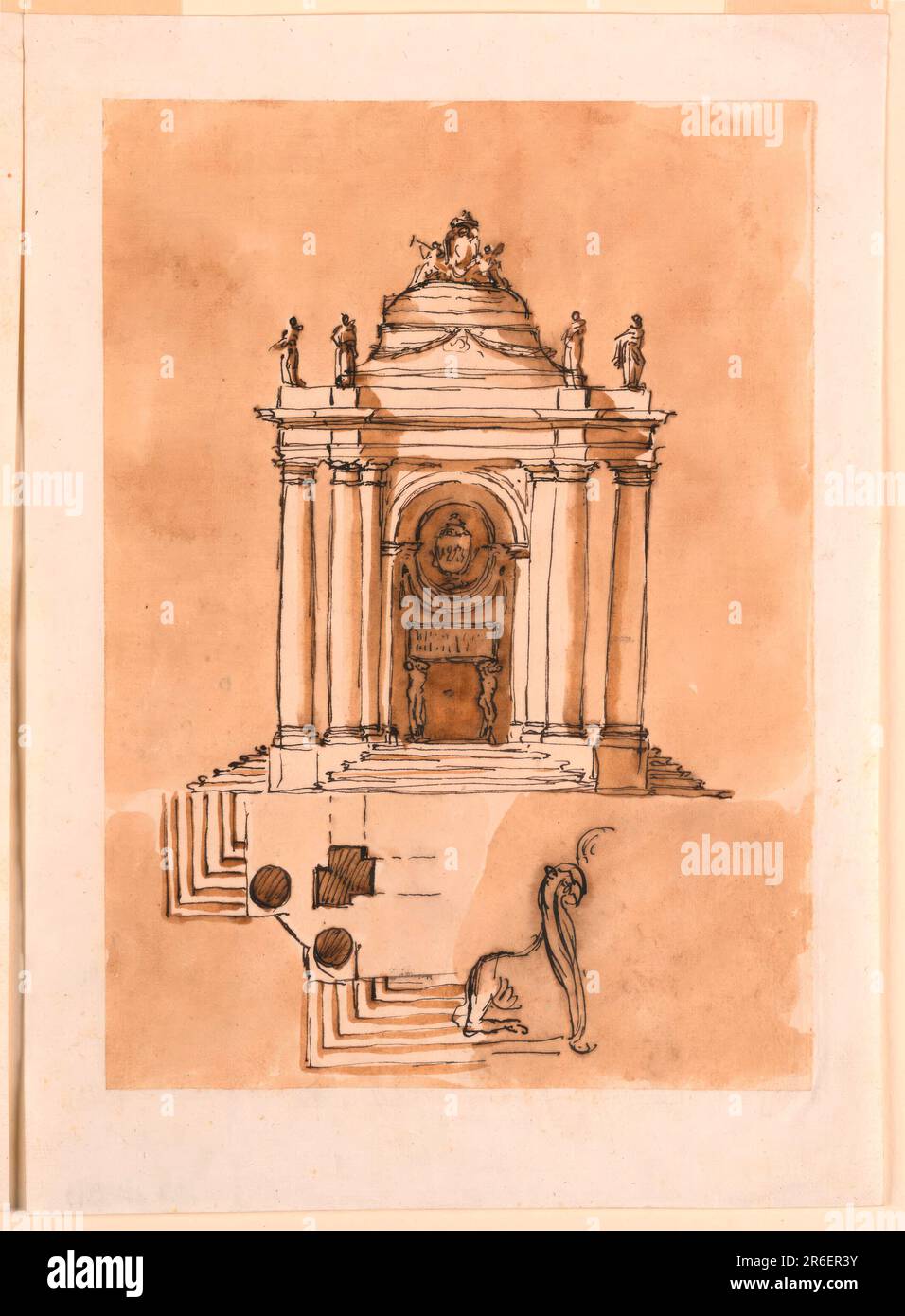 Le mur arrière d'un pavillon a la forme d'une niche. Dans son est au-dessous du sarcophage soutenu par Atlantes, et au-dessus d'une niche ovale avec une urne. Une festoon entoure la partie inférieure de cette niche. Latéralement et à l'avant ne sont pas des murs, mais des arches soutenues par deux piliers. L'entablature est projetée devant les coins et est là soutenu par deux colonnes obliques. Les marches en saillie rectangulaire donnent accès à la plate-forme. Au-dessus de l'entablature se trouve un grenier, avec des figures au-dessus des colonnes. Le dôme a la forme d'un piédestal, avec une collerette sur le dessus, soutenu par Banque D'Images