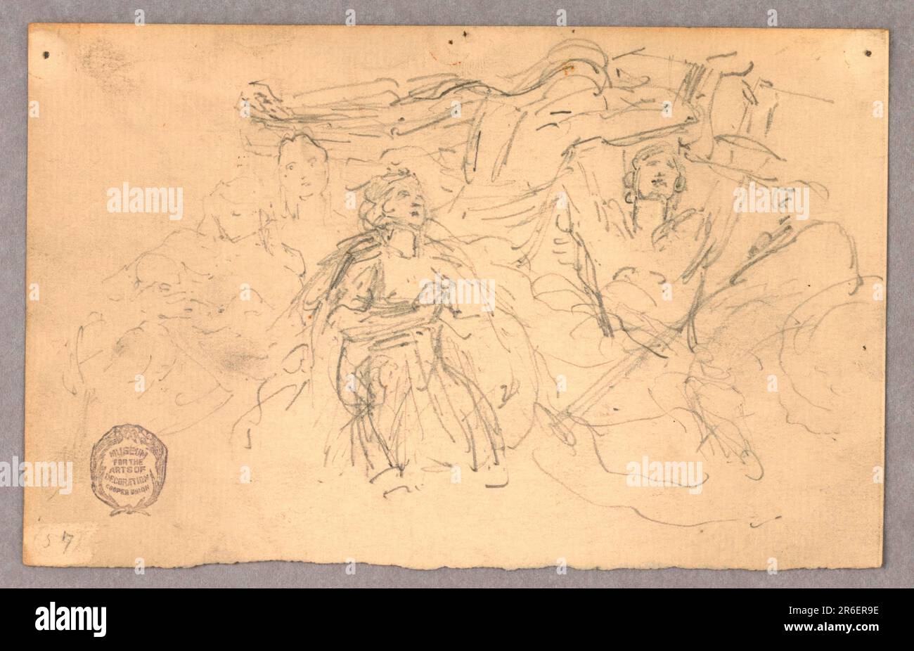 Les figures s'agenouillent et prient ou se réjouissent, peut-être une étude pour une murale de l'Ascension. Figure à droite avec les bras relevés. Figure centrale orientée vers l'extérieur avec les bras étirés. Date : env. 1895. Graphite sur papier ponté. Musée : Cooper Hewitt, Smithsonian Design Museum. Banque D'Images