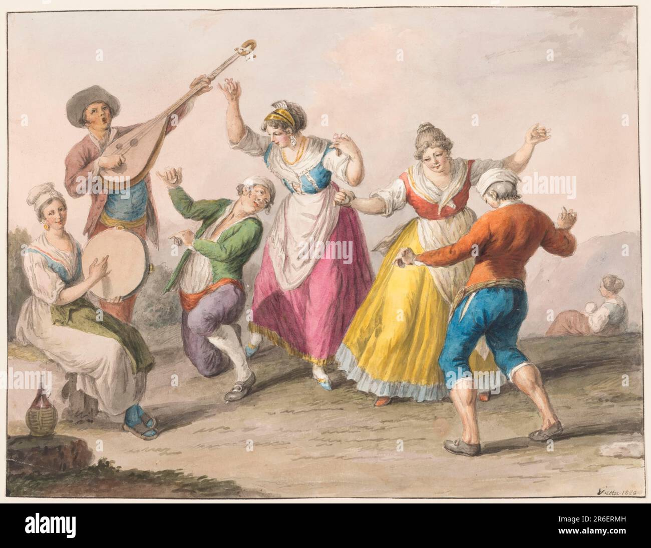 Rectangle horizontal. Deux couples dansent à l'ouverture de la musique jouée par un homme avec une guitare et une femme avec un tambourin. Une femme avec un bébé est montrée à droite assis à la distance moyenne à une pente. Pays montagneux. Lignes de cadrage. Signature : 'Gatta 1828.'. Date: 1828. Encre noire et couleur de l'eau sur le papier. Musée : Cooper Hewitt, Smithsonian Design Museum. Banque D'Images