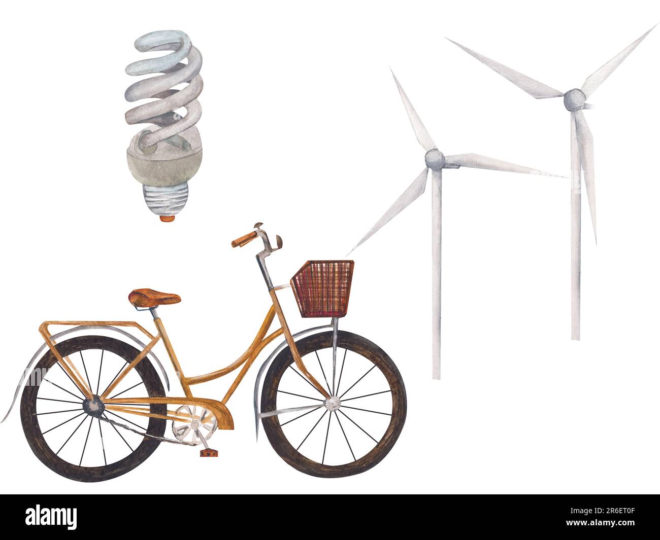 Un ensemble d'illustrations aquarelle sur le thème de l'économie d'énergie sur fond blanc. Vélo, moulins à vent, ampoule à économie d'énergie. Clipart isolé Banque D'Images