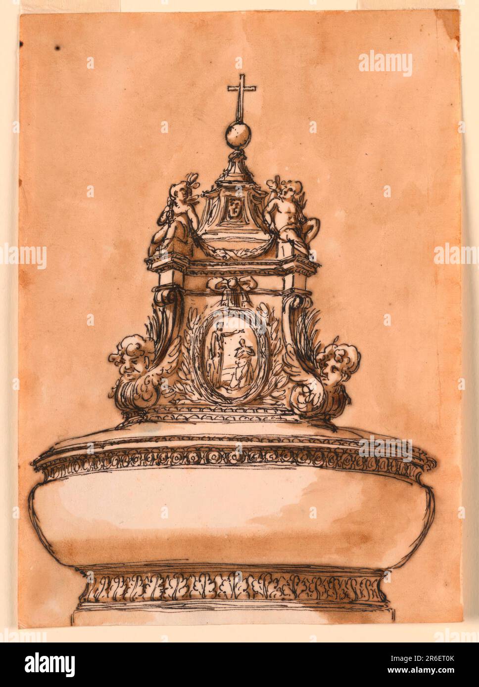 La cuve est soutenue par une base moulée. Le couvercle a la forme d'un piédestal qui est décoré à l'avant d'un médaillon ovale avec la représentation du baptême du Christ, suspendu d'un nœud papillon dans la frise de l'entature. Les côtés obliques ont des volutes, avec des chérubins au-dessus des spirales inférieures. Au-dessus de l'entablature se dresse un autre piédestal, soutenu une croix au-dessus d'un globe. À côté de lui se trouve deux anges, soutenant avec leurs mains une festoon et épaulant une tige de Lily. Arrière-plan habituel. Date : env. 1775. Stylo et encre brune, pinceau et lavage brun sur papier laté blanc cassé doublé. Musée: Coop Banque D'Images