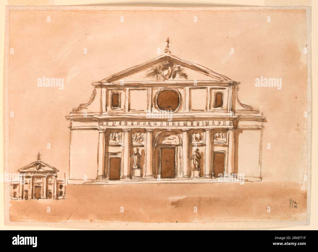 Conception principale : une variation de 1938-88-1235. Les murs et les entablatures des sections latérales ne sont pas décorés. La porte centrale se trouve dans une niche. Le grenier est divisé en cinq panneaux. Une fenêtre circulaire se trouve dans la fenêtre centrale; des fenêtres oblongues dans les fenêtres latérales. Dans le coin inférieur gauche, à petite échelle : quatre colonnes soutiennent l'entablature avec une frise triglyphe et un pédiment triangulaire. Une porte centrale haute et latérale inférieure sont montrées dans les intercolumniations. Deux sections latérales de recul et inférieures à la section centrale. Ils affichent une fenêtre dans l'un ou l'autre étage, chacun. Date: 1796. Stylo et marron Banque D'Images