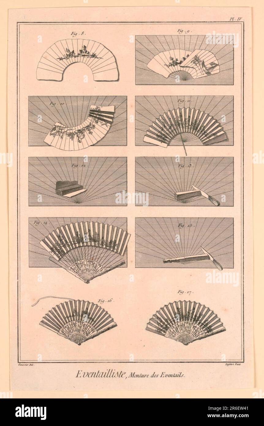 Plaque illustrant la fabrication de ventilateurs de l'Encyclopédie de Diderot. Gravure sur papier. Date: 1751-1766. Musée : Cooper Hewitt, Smithsonian Design Museum. Banque D'Images