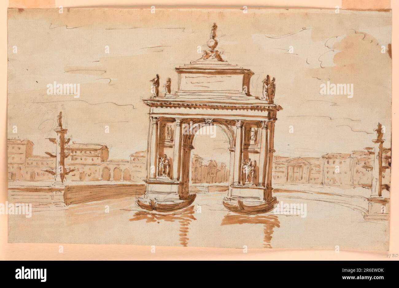 L'arche s'élève de deux barges. Les colonnes corinthiennes supportent l'entablature. Au-dessus se trouve un piédestal sur les marches. Les statues se trouvent aux coins de la plus basse. En haut se trouve un groupe. Le plan compliqué du bassin est incomplètement montré. Les colonnes rostrales se dressent à ses angles qui flanquent l'arche. Les maisons de la place entourant le bassin et d'une rue sont montrées en arrière-plan. Date: 1800-1805. Stylo et encre brune, pinceau et lavage brun, graphite sur papier bleu-blanc. Musée : Cooper Hewitt, Smithsonian Design Museum. Banque D'Images