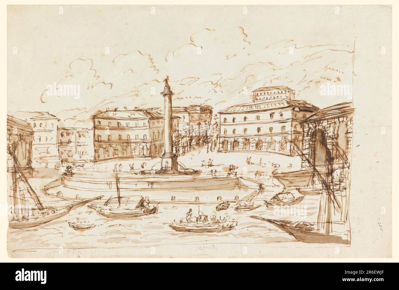 Paysage avec une grande colonne au centre, et des bateaux sur l'eau près de la rive; bâtiments en arrière-plan. Date : fin 18th-début 19th siècle. Stylo et encre brune, pinceau et lavage brun sur papier blanc bleuté. Musée : Cooper Hewitt, Smithsonian Design Museum. Banque D'Images