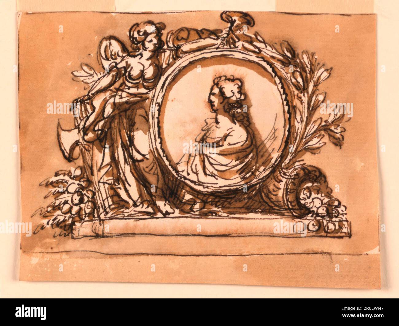Portrait allégorique. Stylo et encre brune, pinceau et lavage brun sur papier blanc cassé. Date: 1746-1809. Musée : Cooper Hewitt, Smithsonian Design Museum. Banque D'Images