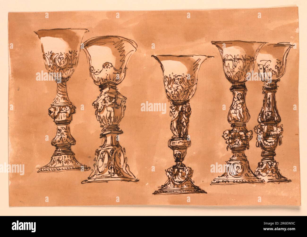 1) la tige a sous la forme d'un balster, soutenant un bouton, formé comme une bande avec deux chérubins. La partie supérieure de la tige est vrillée. La partie inférieure du bouton est décorée d'un calice et de médaillons circulaires séparés par des plantes. 2) la partie supérieure du pied et la tige sont angulaires, le pied et la partie inférieure de la tige étant convexes. Les côtés du pied sont décorés de médaillons ovales, soutenus par des figures aux coins. La partie inférieure de la tige est un piédestal soutenant une urne, comme bouton. Il est décoré de festons soutenus par des anges se tenant aux coins. ABO Banque D'Images