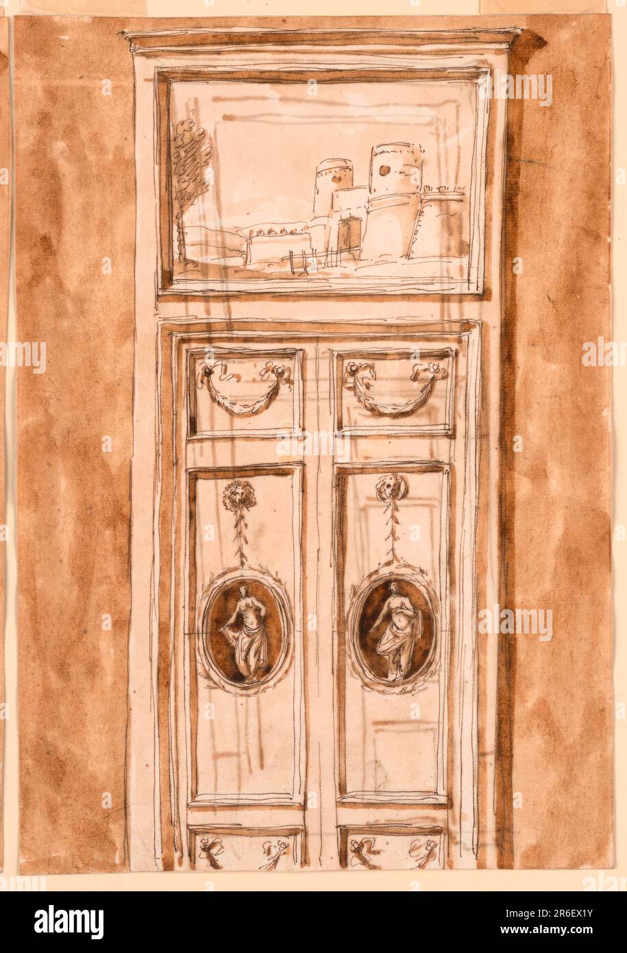 Verso : croquis d'une porte avec la porte. Date: 1780-1790. Stylo et encre brune, pinceau et lavage brun sur papier délavé. Musée : Cooper Hewitt, Smithsonian Design Museum. Banque D'Images