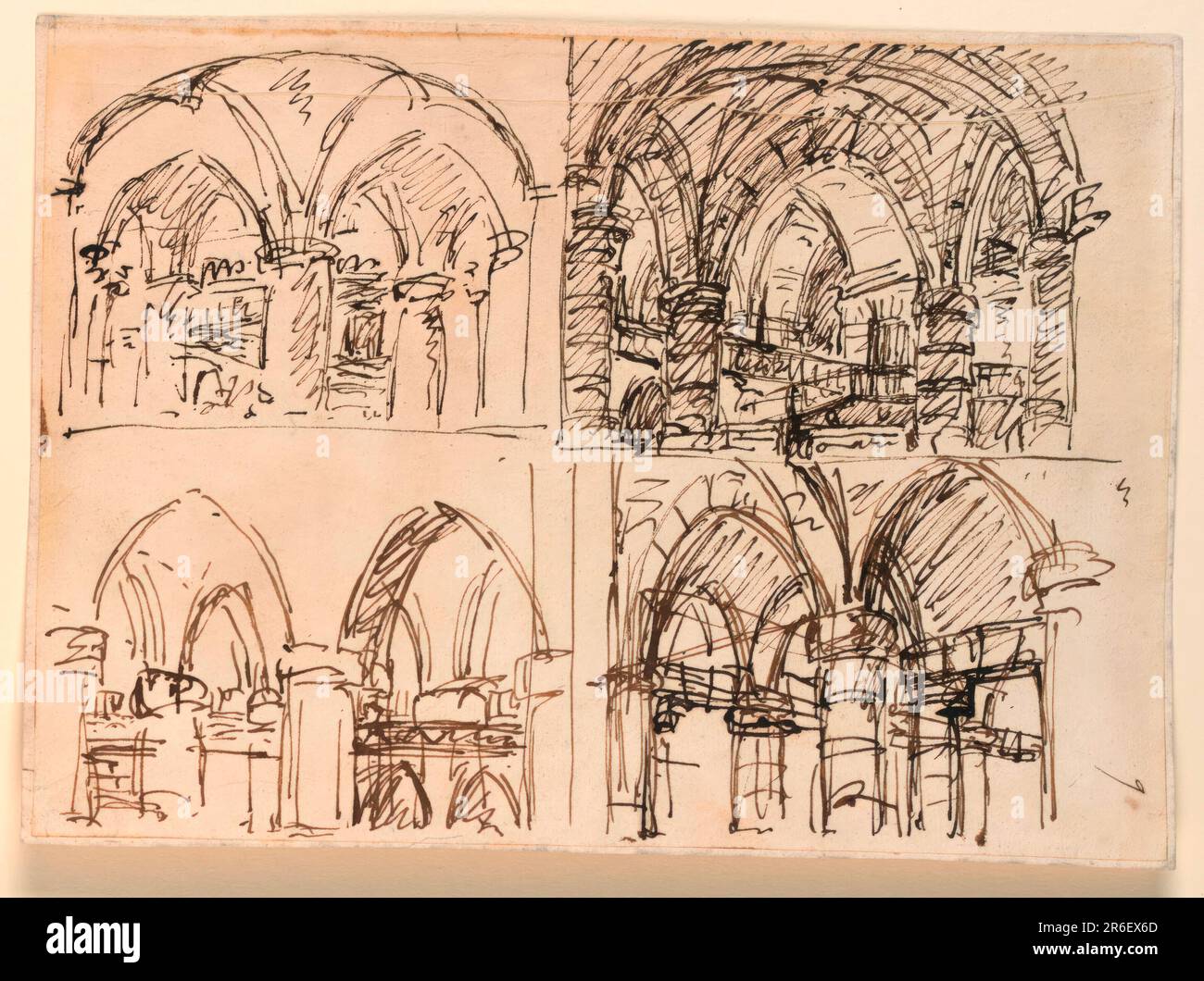 Quatre dessins montrant des détails architecturaux d'intérieurs gothiques, esquissés grossièrement. Date : début du 19th siècle. Stylo et encre marron sur papier blanc cassé doublé. Musée : Cooper Hewitt, Smithsonian Design Museum. Banque D'Images